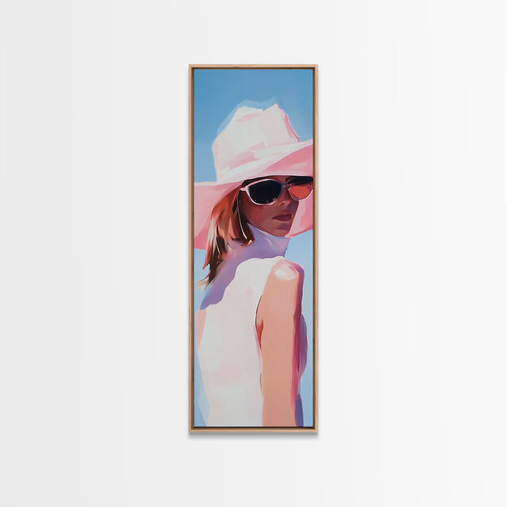 Chic Woman in Pink Hat Light Pink Wall Art Framed Canvas Print Fashion Illustration Modern Home Decor Bedroom Art