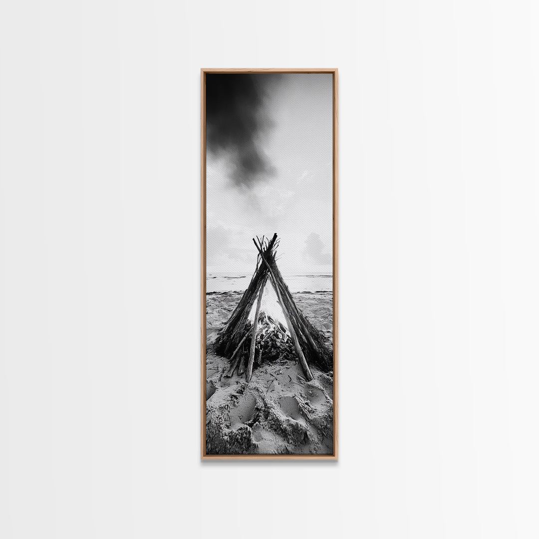 Beach Bonfire, Minimalist Art, Framed Canvas Print, nautical wall art, rustic decor, coastal painting, zen wall art, moody art, minimalist art