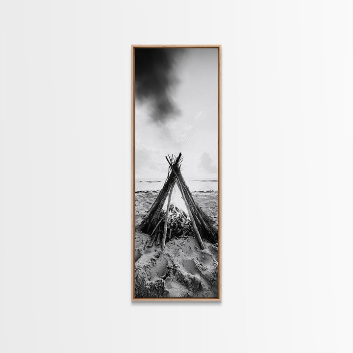 Beach Bonfire, Minimalist Art, Framed Canvas Print, nautical wall art, rustic decor, coastal painting, zen wall art, moody art, minimalist art