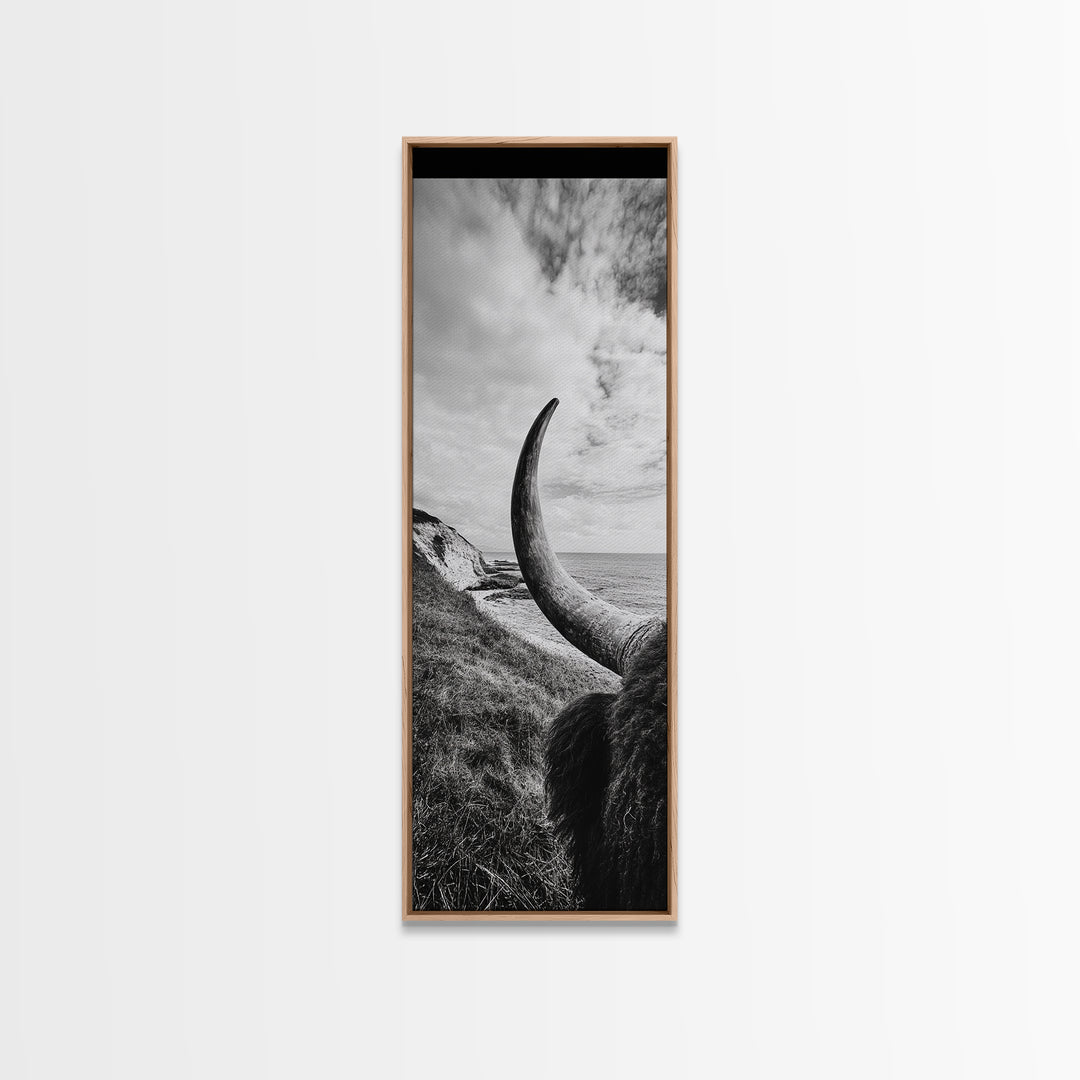 Highland Bull, Coastal Landscape, Framed Canvas Print, rustic decor, mountain painting, farmhouse art, moody art, wabi sabi wall art