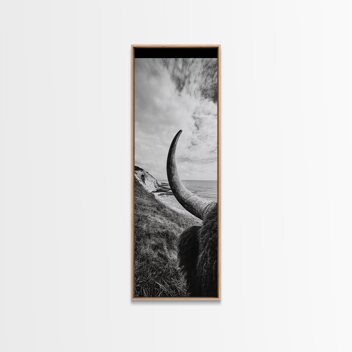 Highland Bull, Coastal Landscape, Framed Canvas Print, rustic decor, mountain painting, farmhouse art, moody art, wabi sabi wall art