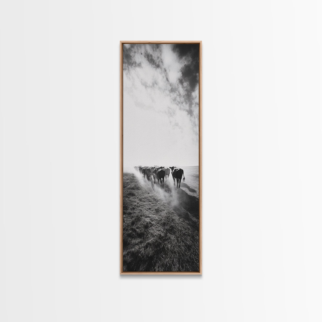 Dusty Cattle Drive, Western Landscape, Framed Canvas Print, Rustic Wall Art, Moody Art, Extra Wide Art, Southwest Wall Art