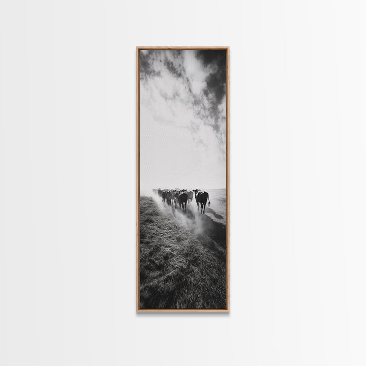Dusty Cattle Drive, Western Landscape, Framed Canvas Print, Rustic Wall Art, Moody Art, Extra Wide Art, Southwest Wall Art