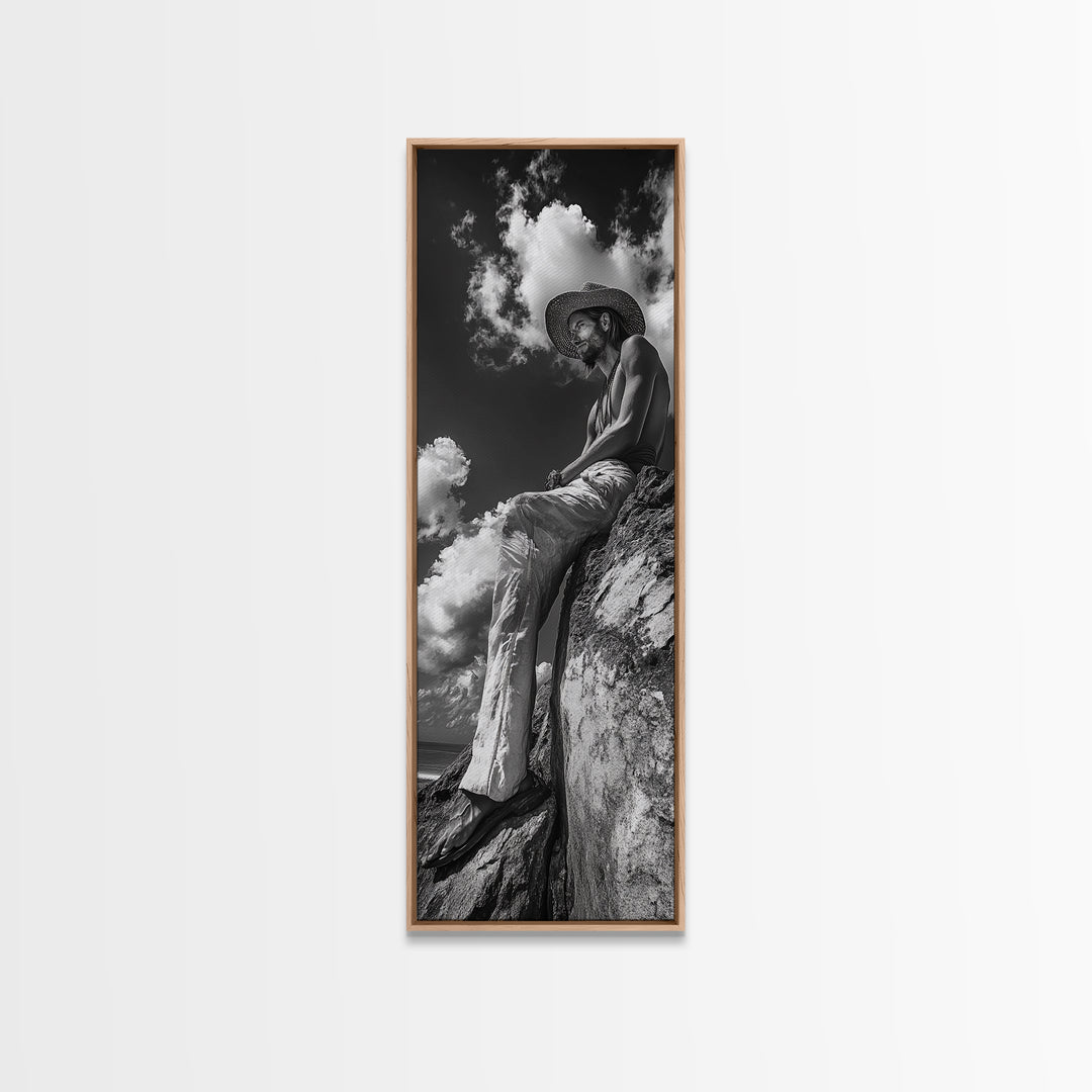 Bohemian Man, Clifftop Reflection, Framed Canvas Print, Coastal Cowgirl Wall Art, Rustic Décor, Boho Art, Minimalist Art