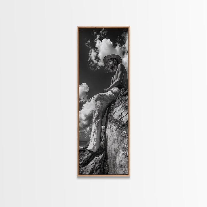 Bohemian Man, Clifftop Reflection, Framed Canvas Print, Coastal Cowgirl Wall Art, Rustic Décor, Boho Art, Minimalist Art