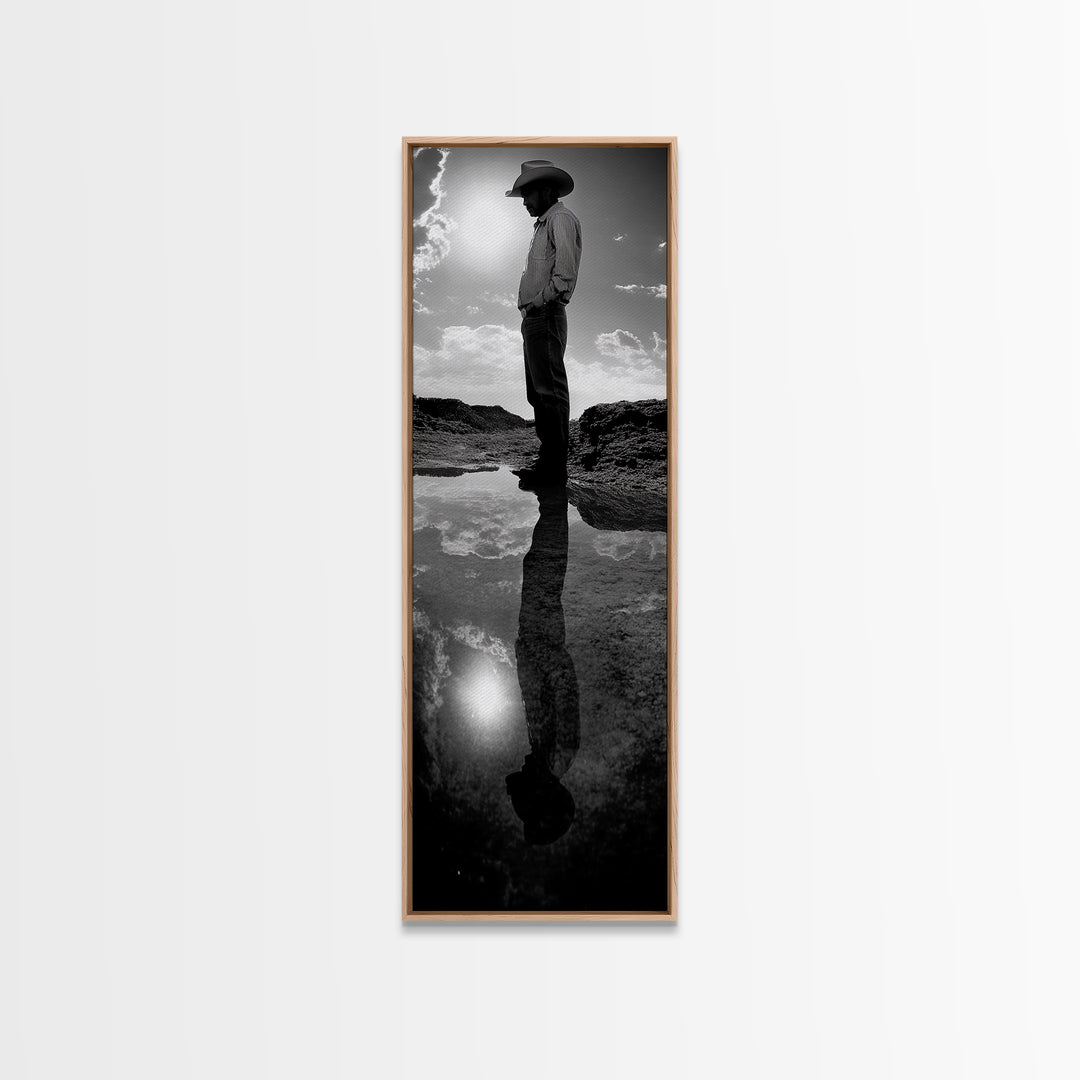 Lone Cowboy, Reflection Photography, Framed Canvas Print, Rustic Art, Moody Wall Art, Extra Wide Art, Southwest Wall Art