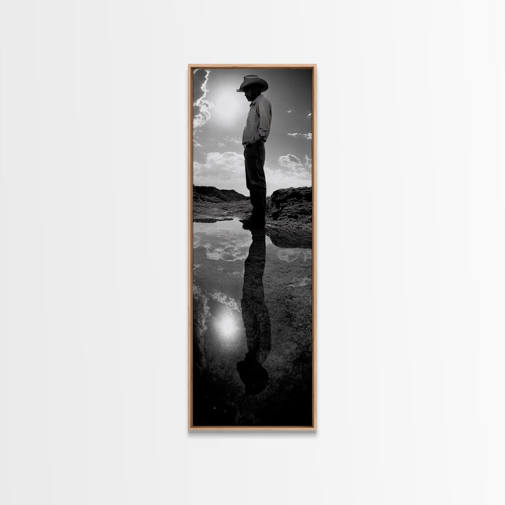 Lone Cowboy, Reflection Photography, Framed Canvas Print, Rustic Art, Moody Wall Art, Extra Wide Art, Southwest Wall Art