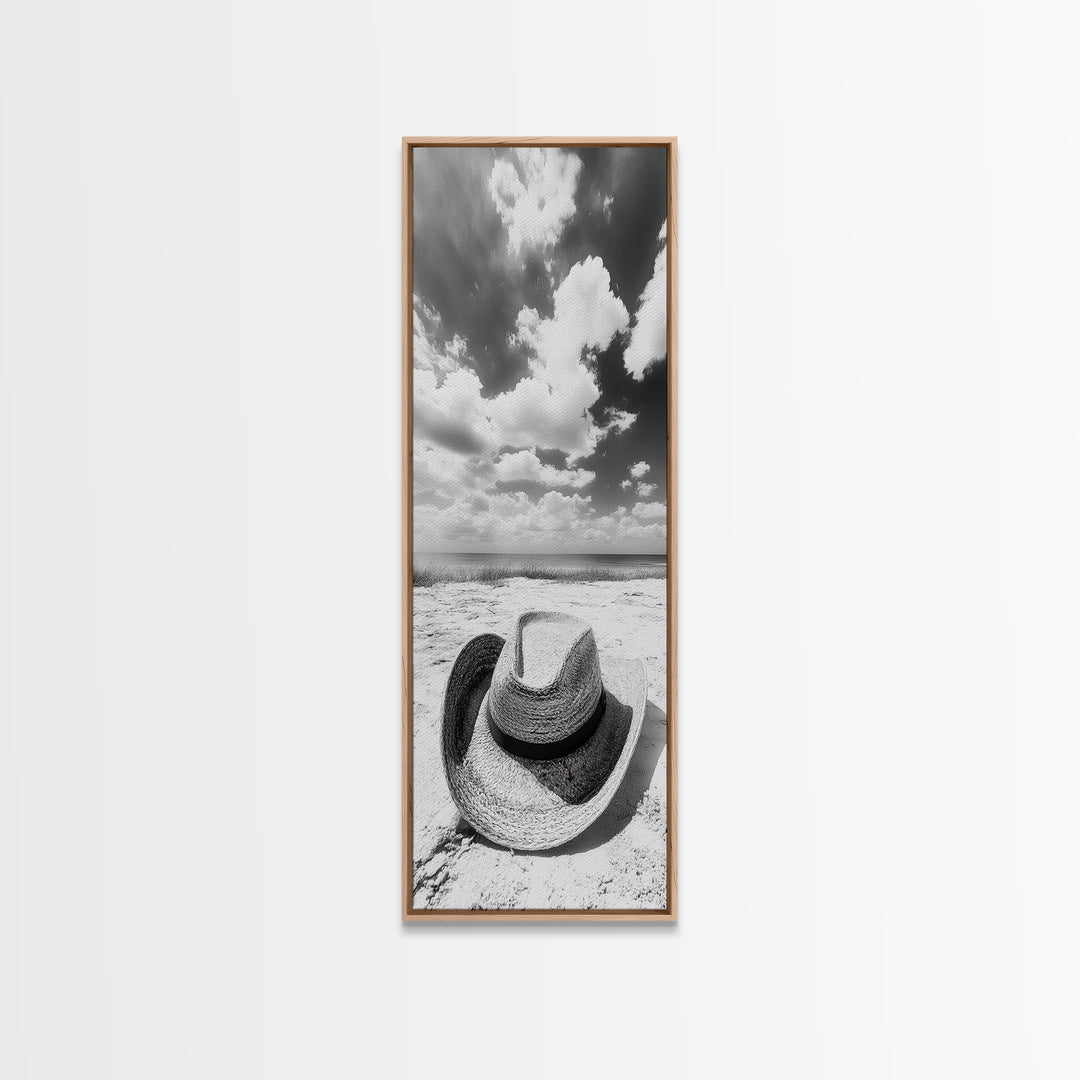 Straw Cowboy Hat, Beach Photography, Framed Canvas Print, Coastal Cowgirl, Wall Art, Rustic Décor, Minimalist Wall Art