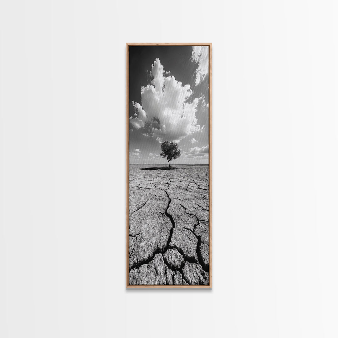 Lone Tree, Cracked Earth, Framed Canvas Print, wabi sabi art, moody art, landscape painting, above bed wall art,minimalist art, extra wide art