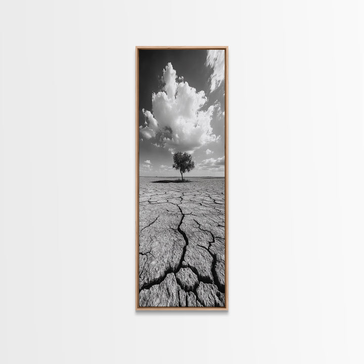 Lone Tree, Cracked Earth, Framed Canvas Print, wabi sabi art, moody art, landscape painting, above bed wall art,minimalist art, extra wide art