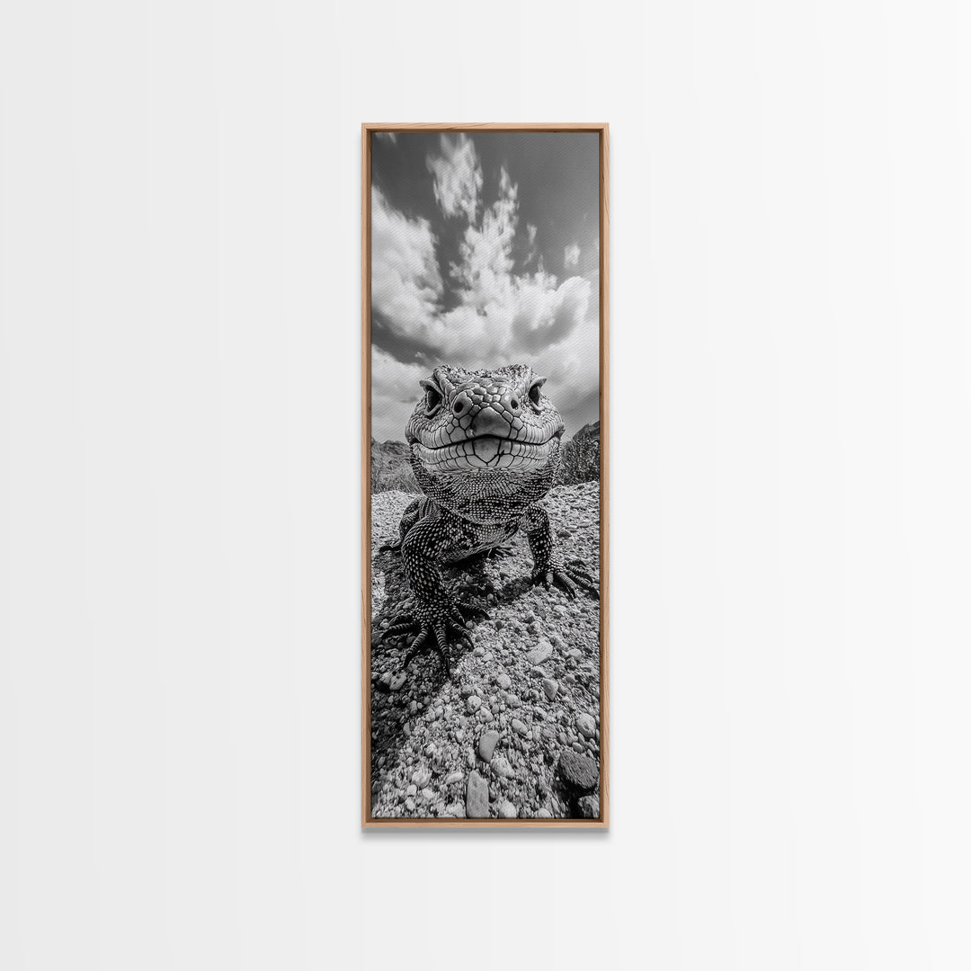 Lizard Close-Up, Framed Canvas Print, wildlife photography, rustic wall art, southwest wall art, desert animal art, black and white home decor