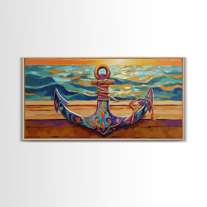 Anchor at Sunset, nautical painting, coastal decor, ocean art, framed canvas print, above sofa art, beach house decor, seascape