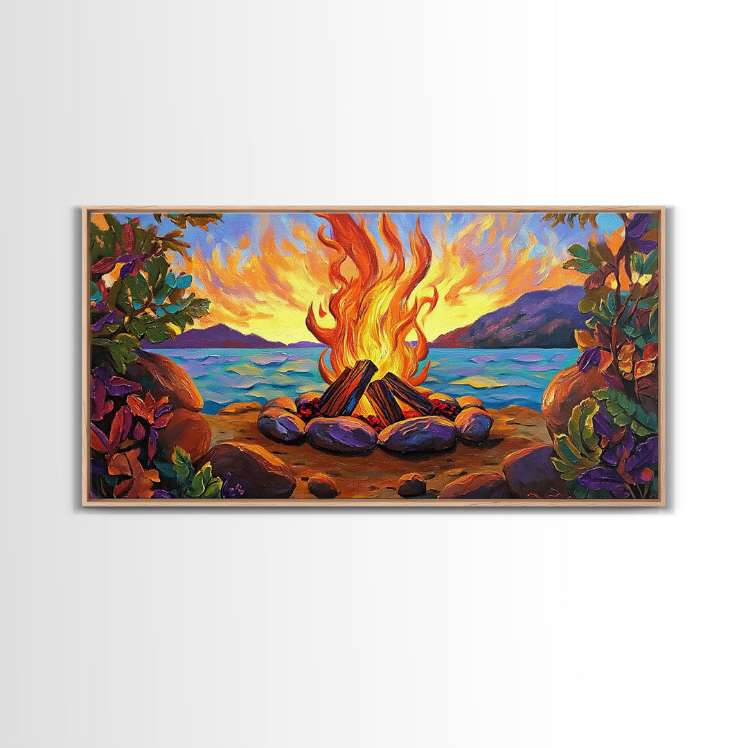 Campfire by Lake, bonfire painting, rustic wall art, mountain painting, framed canvas print, above sofa art, cozy night decor