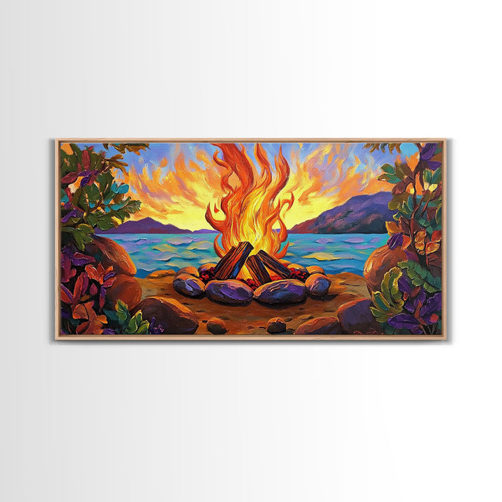 Campfire by Lake, bonfire painting, rustic wall art, mountain painting, framed canvas print, above sofa art, cozy night decor