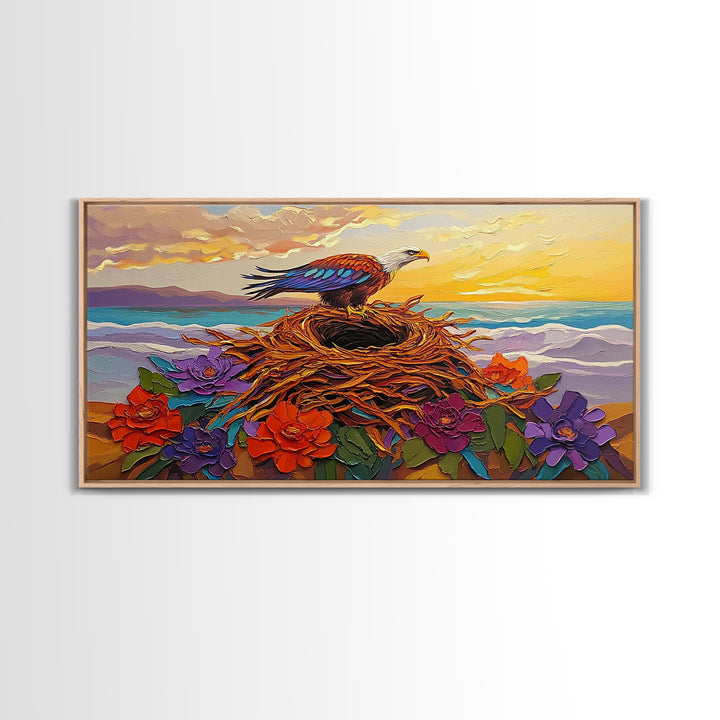 Bald Eagle Nest, bird art, mountain painting, moody art, southwest wall art, patriotic decor, nature art, Framed Canvas Print