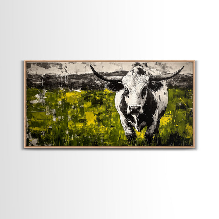 Bull Painting, rustic wall art, bull and bear art, farmhouse decor, green wall art, bold statement art, dramatic painting, Canvas Print