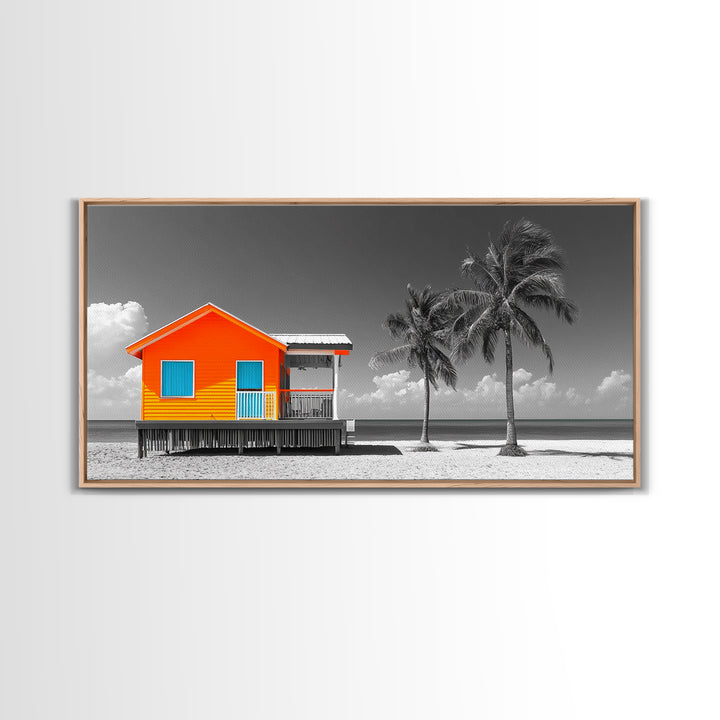 Bright Beach House Framed Canvas Print | Coastal Landscape Art | Nautical Wall Art | Coastal Decor | Extra Wide Art | Tropical Beach Art