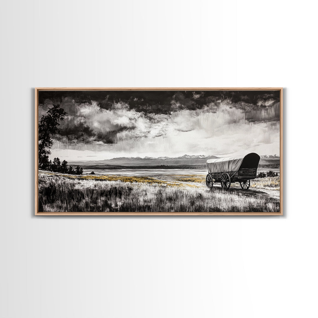 Covered Wagon, barn landscape oil painting, rustic wall art, farmhouse decor, panoramic art, smoky mountain art, Framed Canvas Print, landscape