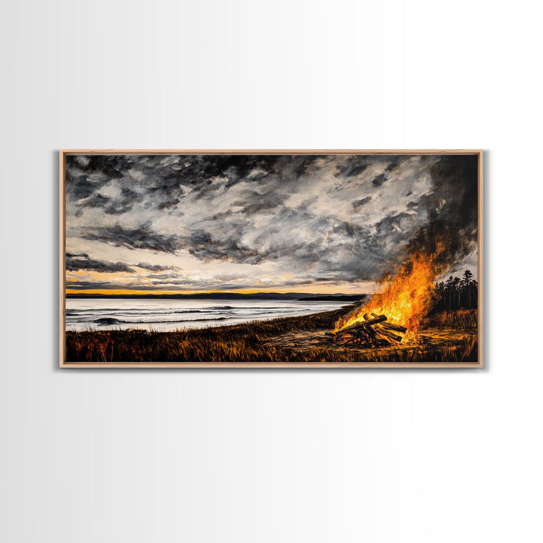 Campfire, forest at dusk painting, smoky mountain art, extra wide art, autumn decor, wabi sabi art, Framed Canvas Print, above couch art