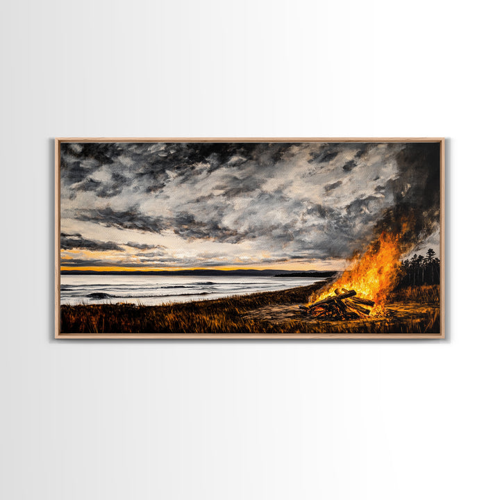 Campfire, forest at dusk painting, smoky mountain art, extra wide art, autumn decor, wabi sabi art, Framed Canvas Print, above couch art