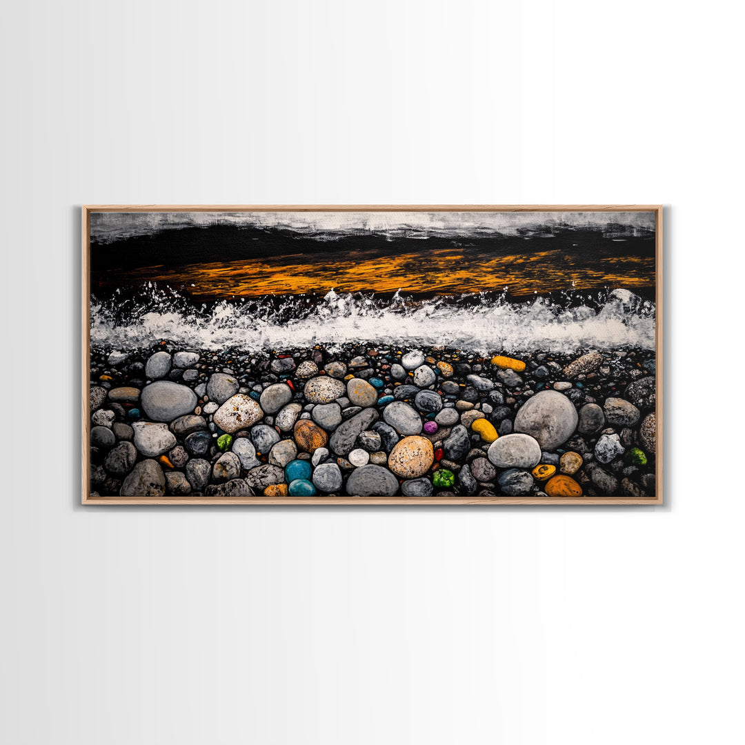 Pebble Beach, coastal landscape art, wabi sabi art, rustic decor, moody art, panoramic painting, seascape painting, Framed Canvas Print, zen art