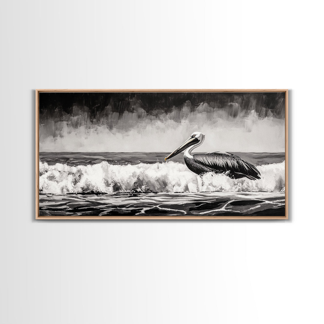 Pelican, coastal wall art, nautical painting, black and white art, seascape painting, ocean bird, Framed Canvas Print, beach decor