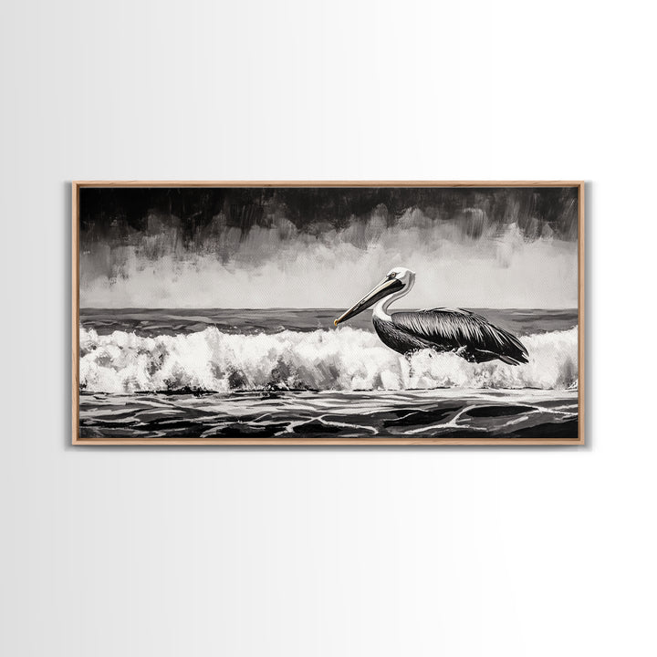 Pelican, coastal wall art, nautical painting, black and white art, seascape painting, ocean bird, Framed Canvas Print, beach decor