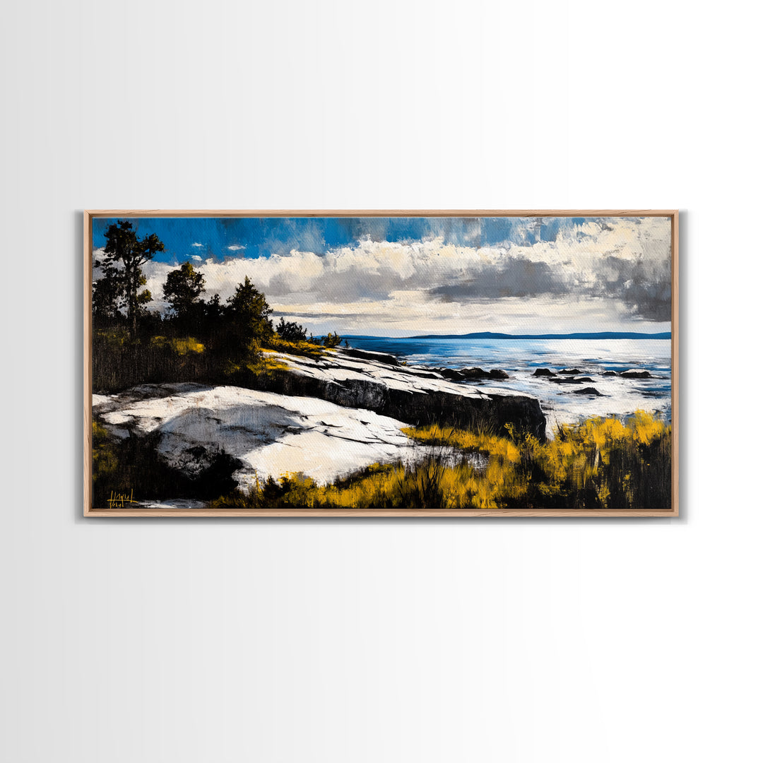 Coastal Landscape, Maine oil painting, seascape painting, landscape painting, nautical wall art, extra wide art, framed canvas print