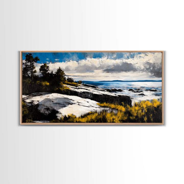 Coastal Landscape, Maine oil painting, seascape painting, landscape painting, nautical wall art, extra wide art, framed canvas print
