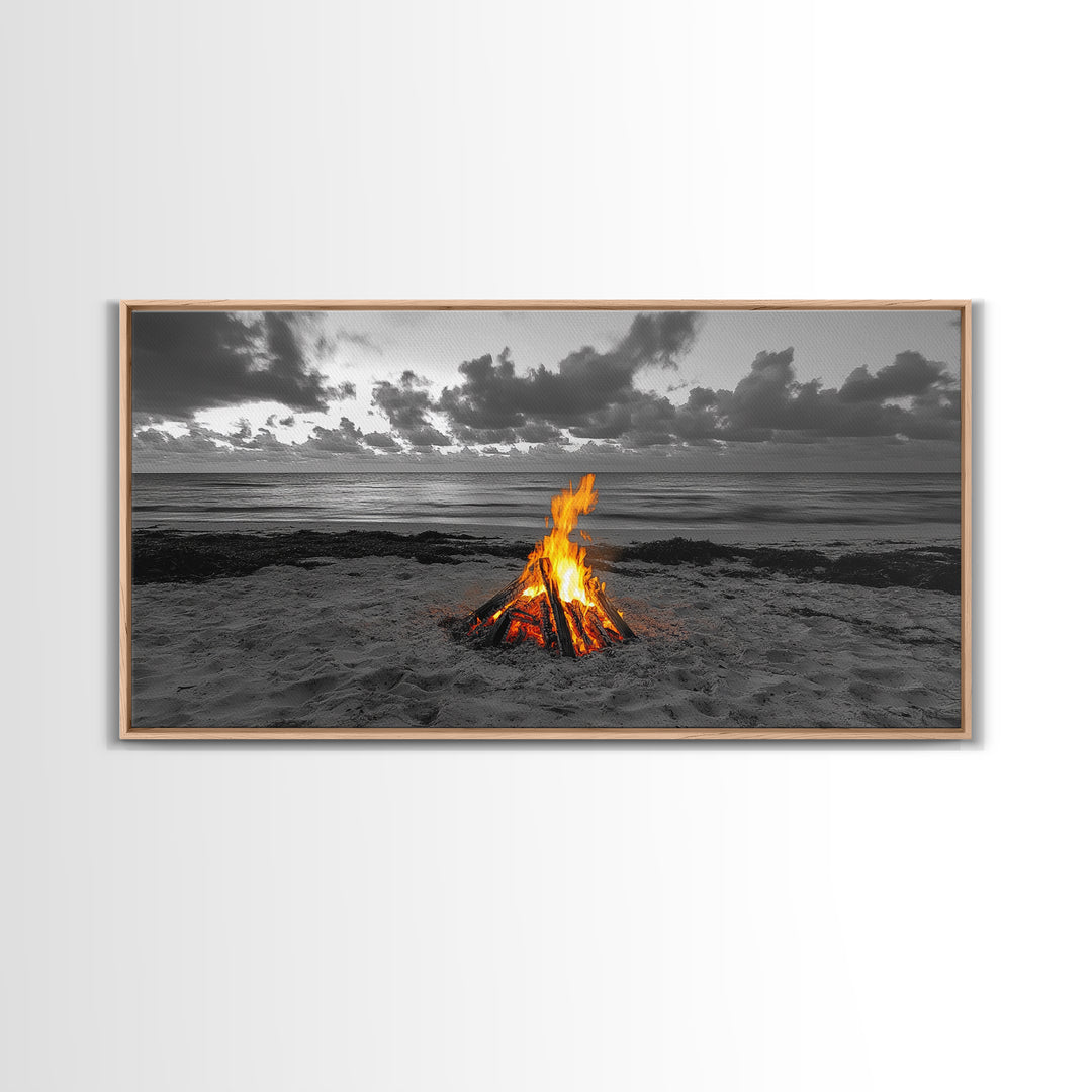 Campfire on Beach Framed Canvas Print | Seascape Painting | Coastal Wall Art | Moody Art | Rustic Decor | Extra Wide Art | Nautical Painting