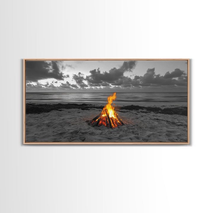 Campfire on Beach Framed Canvas Print | Seascape Painting | Coastal Wall Art | Moody Art | Rustic Decor | Extra Wide Art | Nautical Painting