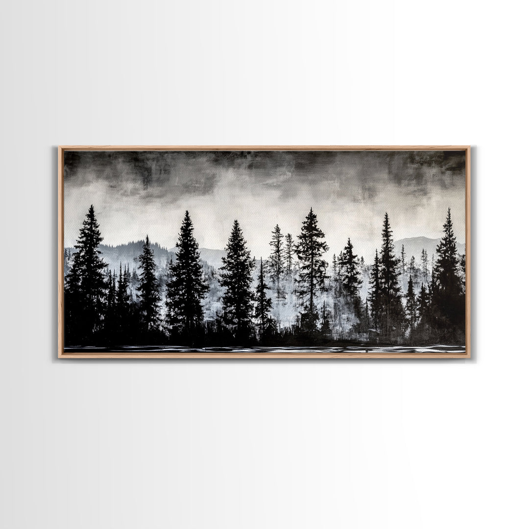 Pine Tree Forest, Moody Landscape Painting, Black and White Wall Art, Nature Wall Art, Extra Wide Art, Framed Canvas Print, Rustic Decor