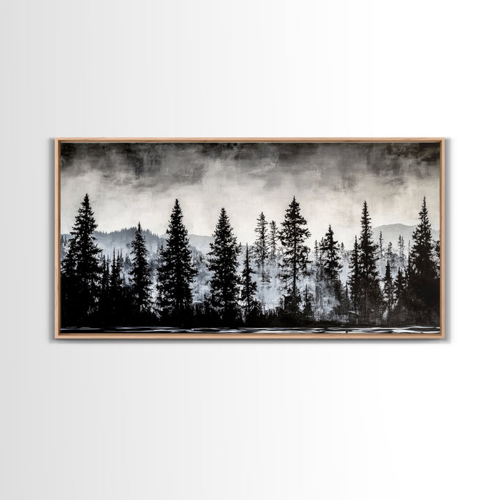 Pine Tree Forest, Moody Landscape Painting, Black and White Wall Art, Nature Wall Art, Extra Wide Art, Framed Canvas Print, Rustic Decor