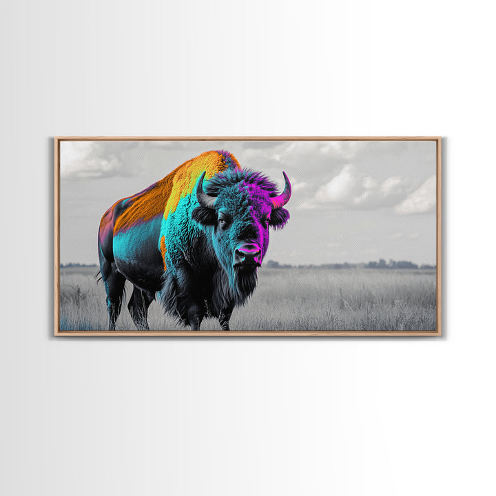 Neon Buffalo Portrait Canvas Print | Western Wall Art | Afrocentric Art | Moody Art | Rustic Decor | Southwest Art | Extra Wide Art.