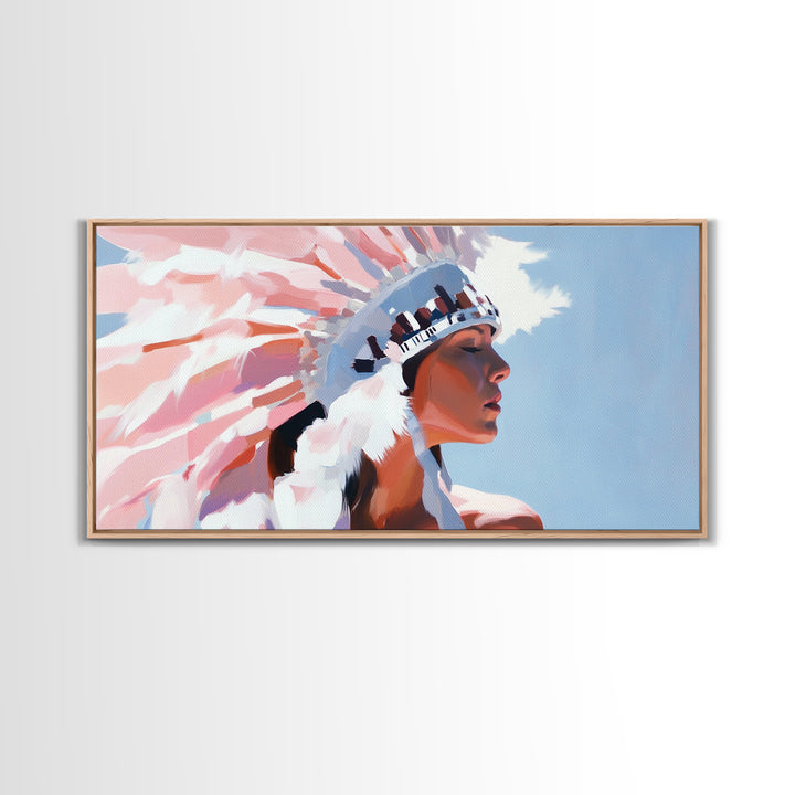 Native American Art, Woman in Headdress, Southwest Wall Art, Cultural Portrait, Framed Canvas Print, Extra Wide Art, Rustic Decor