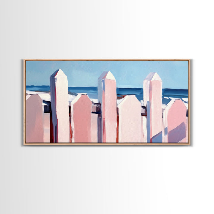 Beach Fence Painting, Coastal Landscape Art, Nautical Wall Decor, Soft Pastel Colors, Framed Canvas Print, Extra Wide Art, Seaside Home