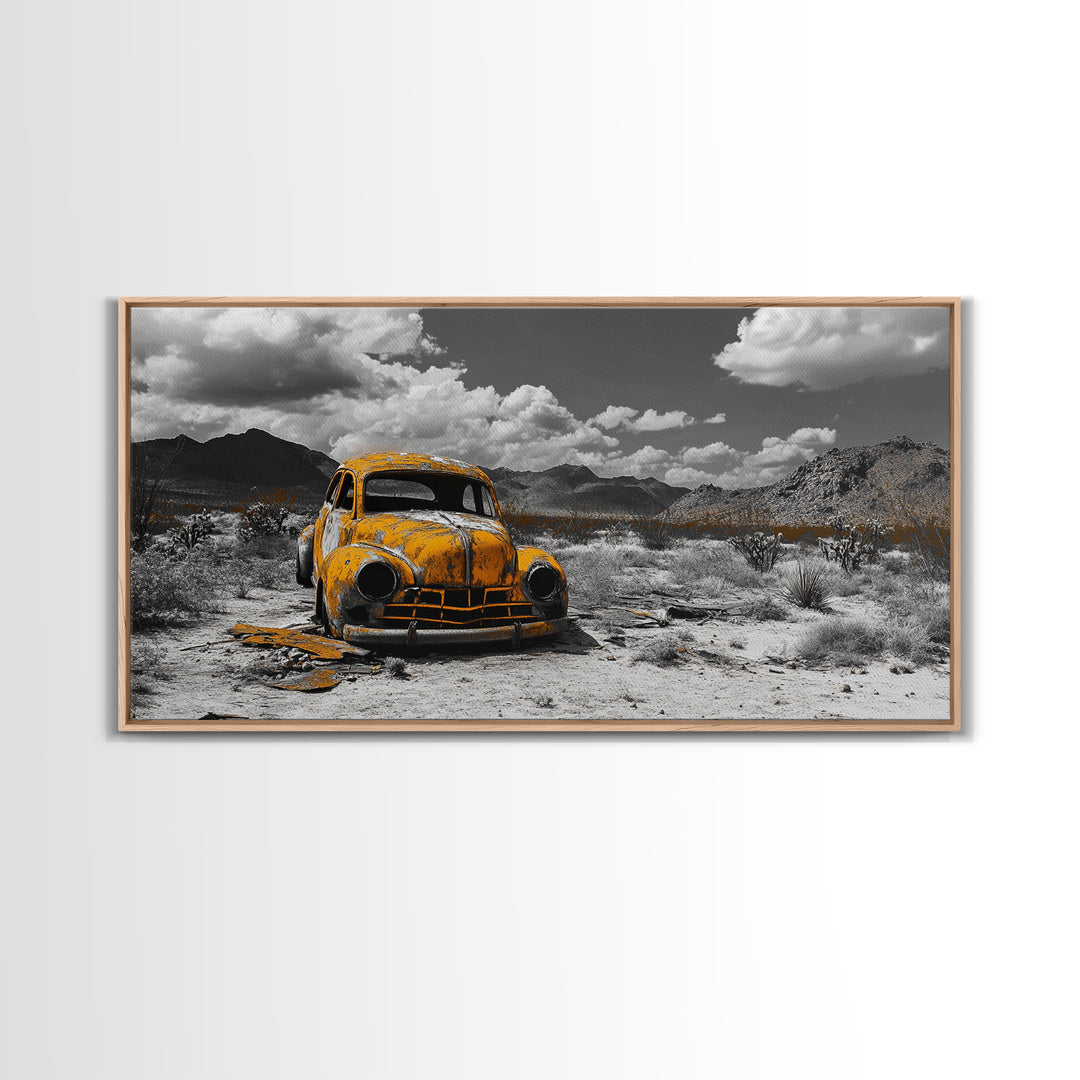 Abandoned Car in Desert Framed Canvas Print | Custom Car Painting | Moody Art | Southwest Wall Art | Wabi Sabi Art | Extra Wide Art