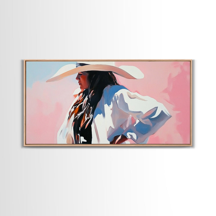Cowgirl in White, Black Cowgirl Painting, Coastal Cowgirl Wall Art, Rustic Decor, Light Pink Wall Art, Canvas Print, Bedroom Art, Moody Art