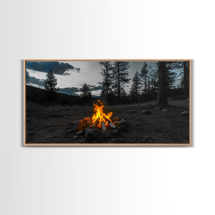 Campfire Under Pine Trees Canvas Print | Forest at Dusk Painting | Rustic Wall Art | Moody Landscape Art | Above Sofa Art | Extra Wide Art