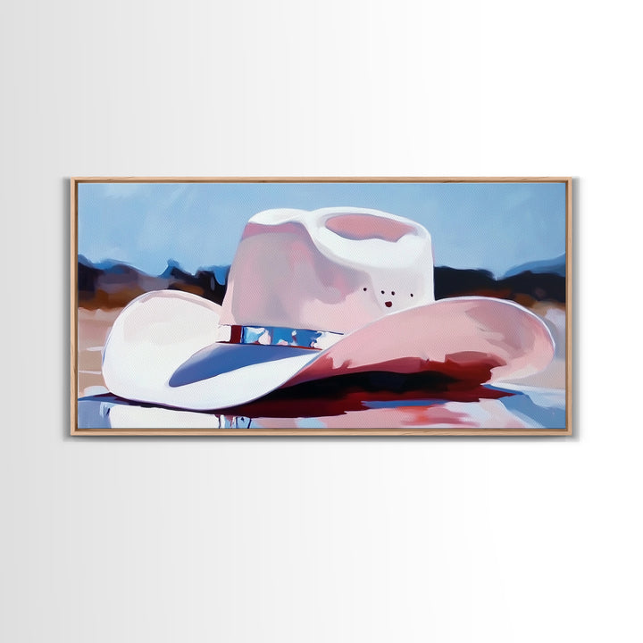 Cowboy hat, western art, farmhouse art, framed canvas print, rustic wall art, gift idea, wabi sabi art, pink abstract art, lofi art