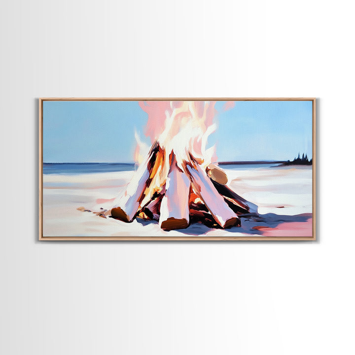 Campfire, moody art, coastal landscape art, framed canvas print, rustic decor, fire painting, extra wide art, landscape painting