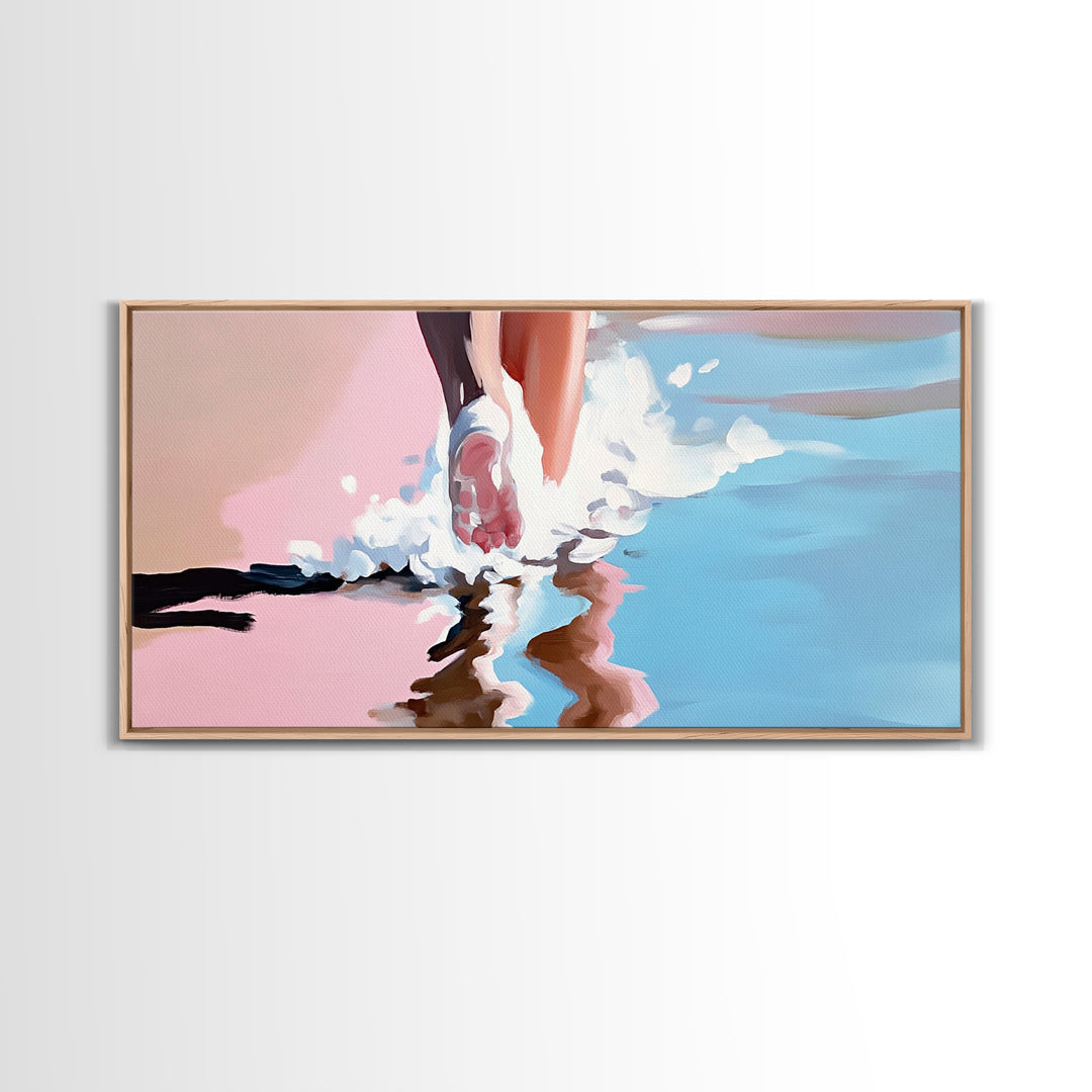 Barefoot Beach Walk, coastal decor, ocean painting, seascape painting, pink abstract art, light pink wall art, canvas print