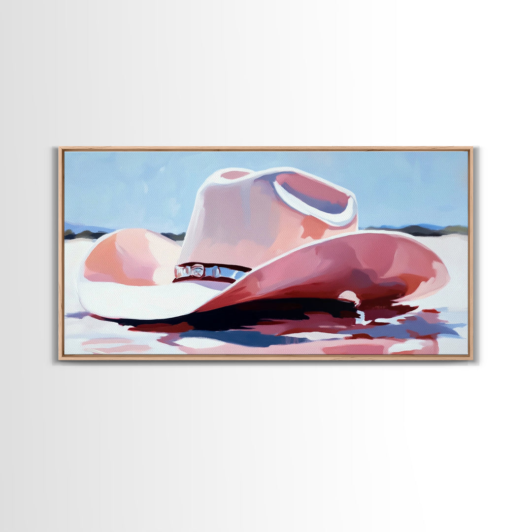 Cowboy Hat in Desert, western art, vintage cowgirl, rustic wall art, pink wall art, light pink wall art, framed canvas print