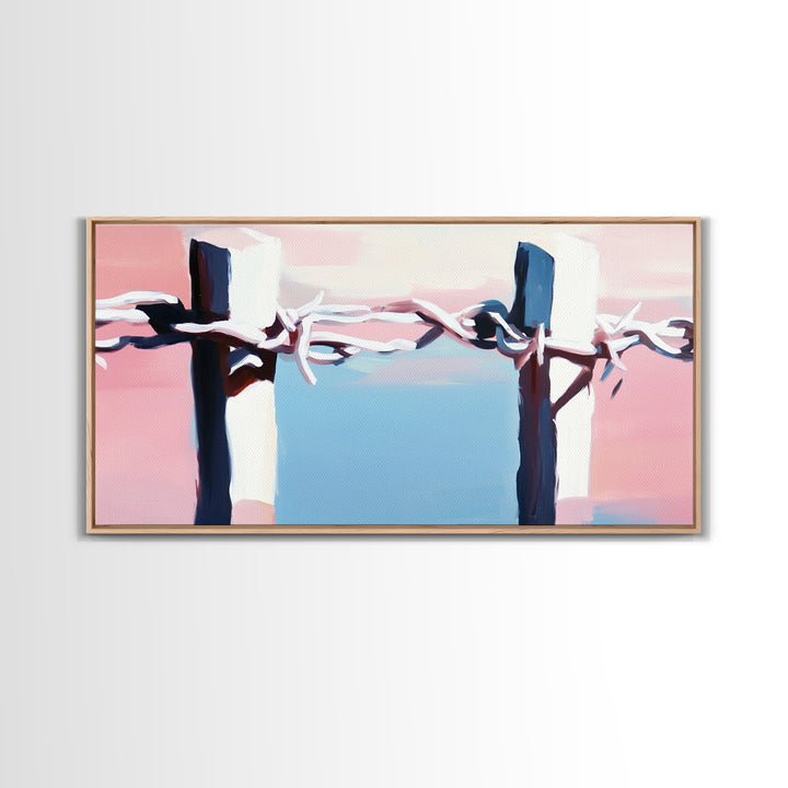 Barbed Wire Fence, rustic decor, pink abstract art, southwest wall art, minimalist art, boho art, framed canvas print