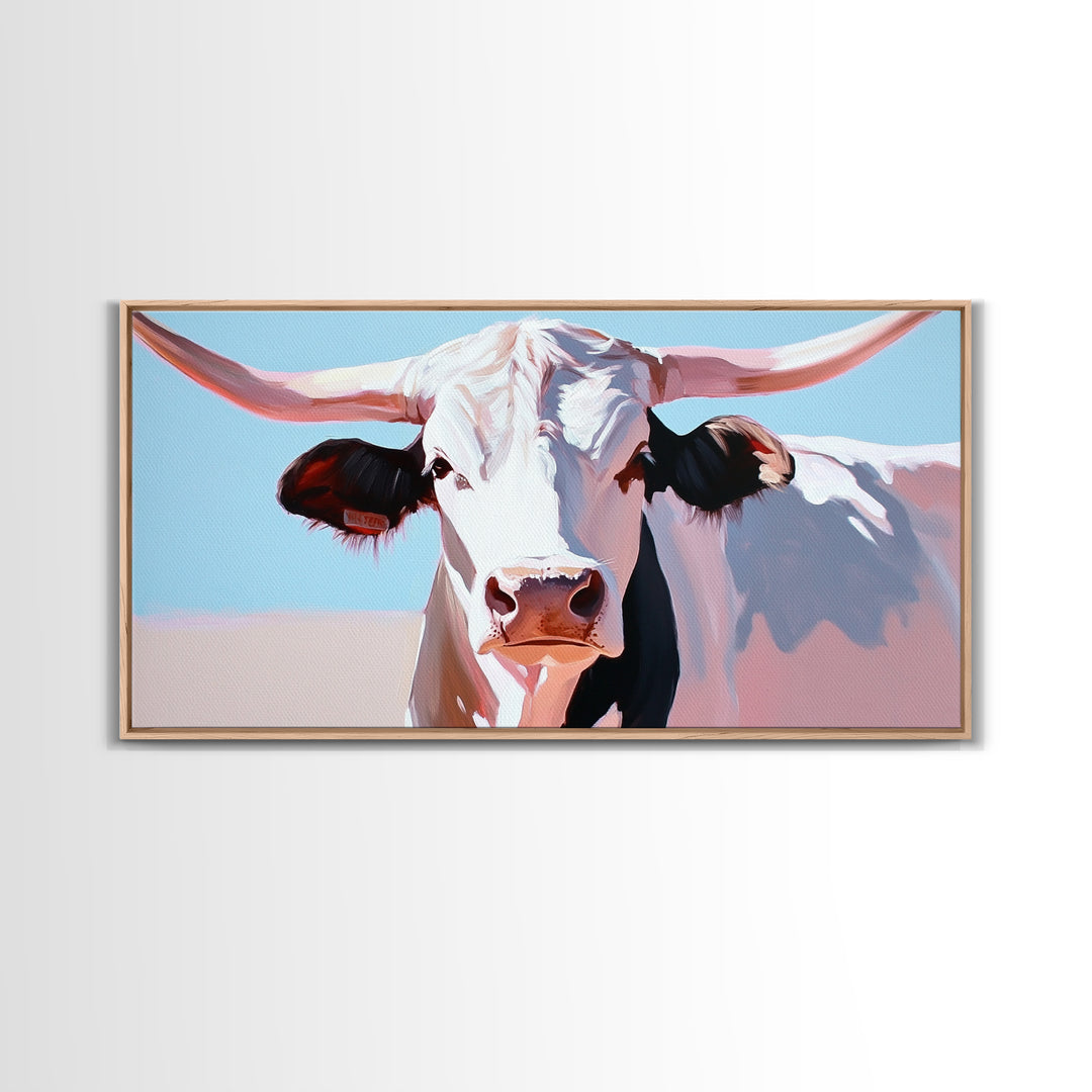 Bull And Bear Art, Rustic Wall Art, Farmhouse Art, Vintage Western Painting, Coastal Cowgirl Art, Framed Canvas Print, Above Couch Art