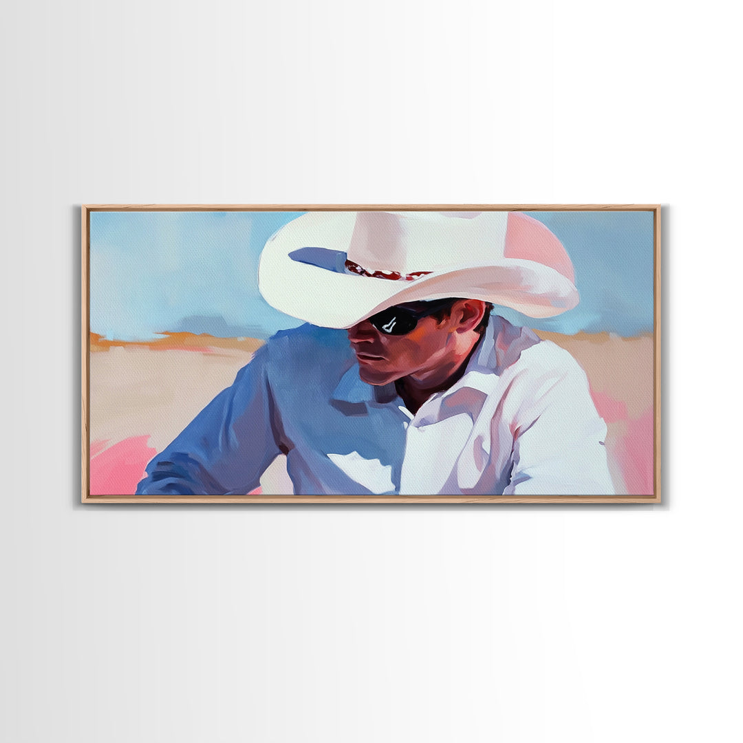 Cowboy Painting, Western Art, Rustic Wall Art, Coastal Cowgirl Art, Lofi Art, Chicano Art, Framed Canvas Print, Extra Wide Art, Panoramic Art