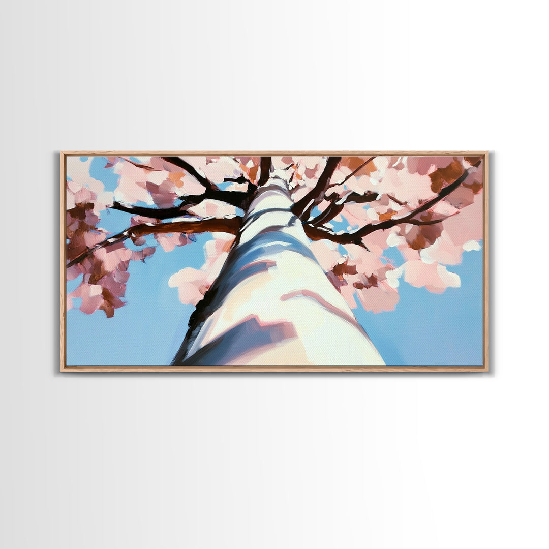 Cherry Blossom Painting, Birch Tree Art, Pink Wall Art, Botanical Prints, Extra Wide Art, Canvas Print, Above Sofa Art, Horizontal Wall Art