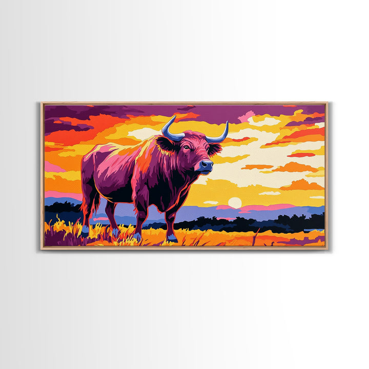 Bull Sunset, bull and bear art, rustic wall art, farmhouse decor, sunset painting, moody art, framed canvas print