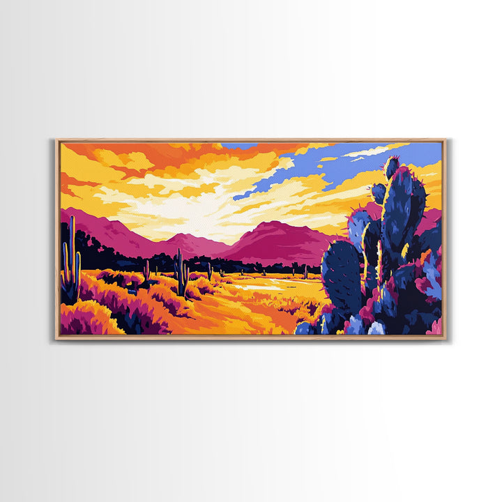 Desert Cactus, southwest wall art, mountain painting, rustic decor, landscape painting, panoramic art, Framed Canvas Print, extra wide art