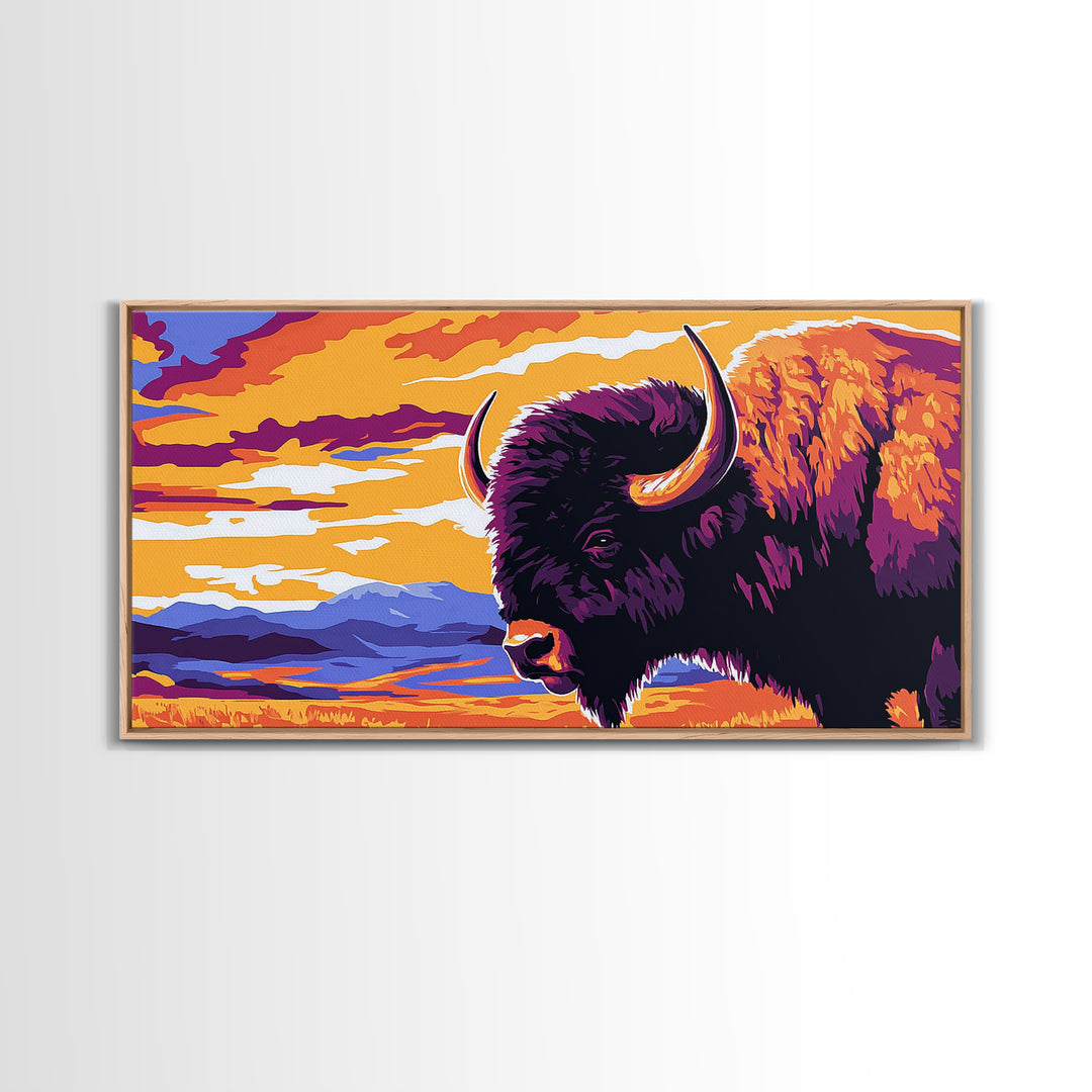 Bison Plains, rustic wall art, mountain painting, southwest wall art, landscape painting, extra wide art, Framed Canvas Print, farmhouse decor